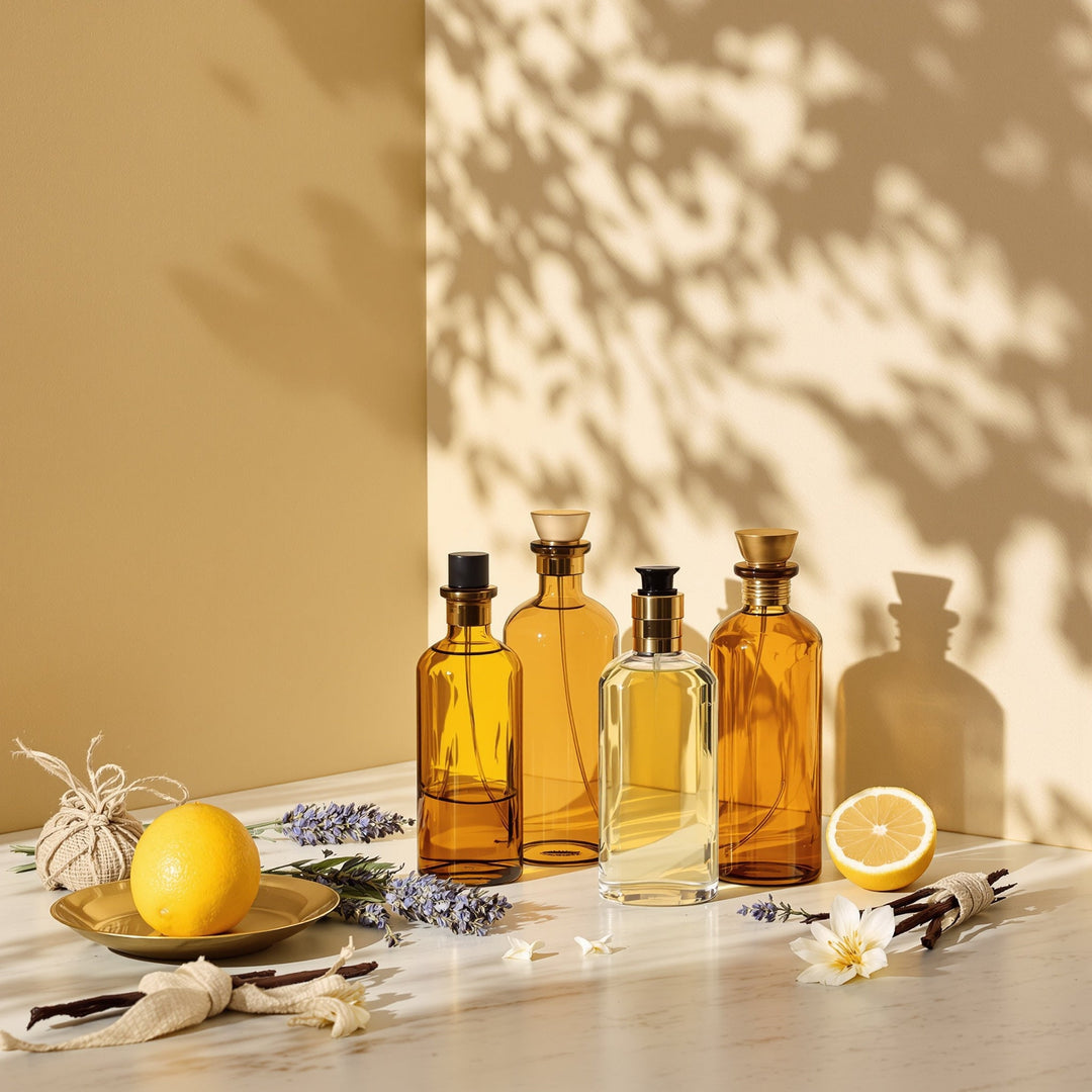 Apothecary still-life - cluster af unlabeled amber og clear glass parfumeflakoner med lavendel, vaniljebælge, citron og jasmin på travertin