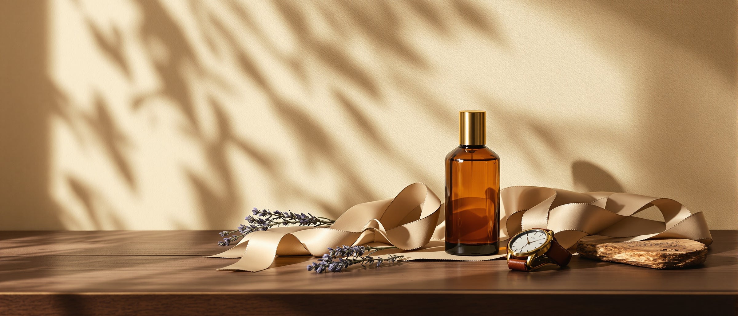 Apothecary still-life - unlabeled amber parfumeflakon med silkebånd, lavendel og vintage læderur på valnød træ - duftgave til ham